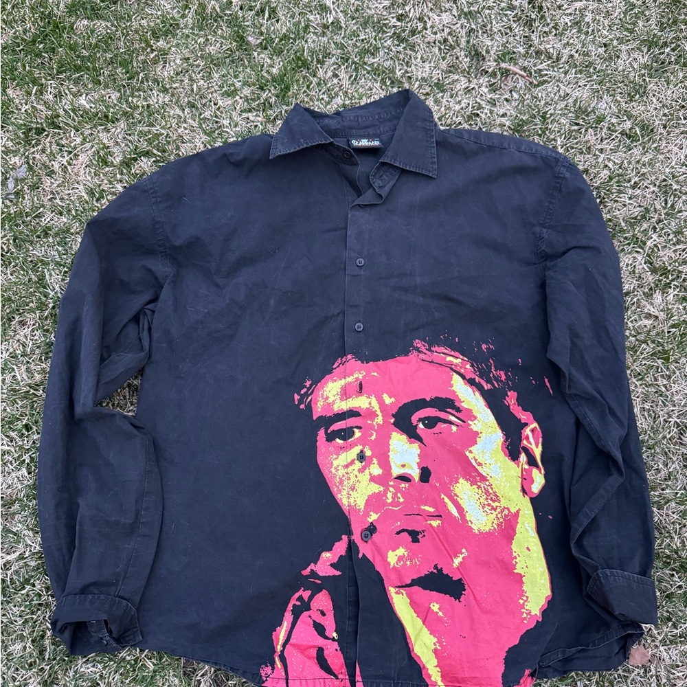 Men's Black Long Sleeve Button-Up Shirt with Pink & Yellow Face Print